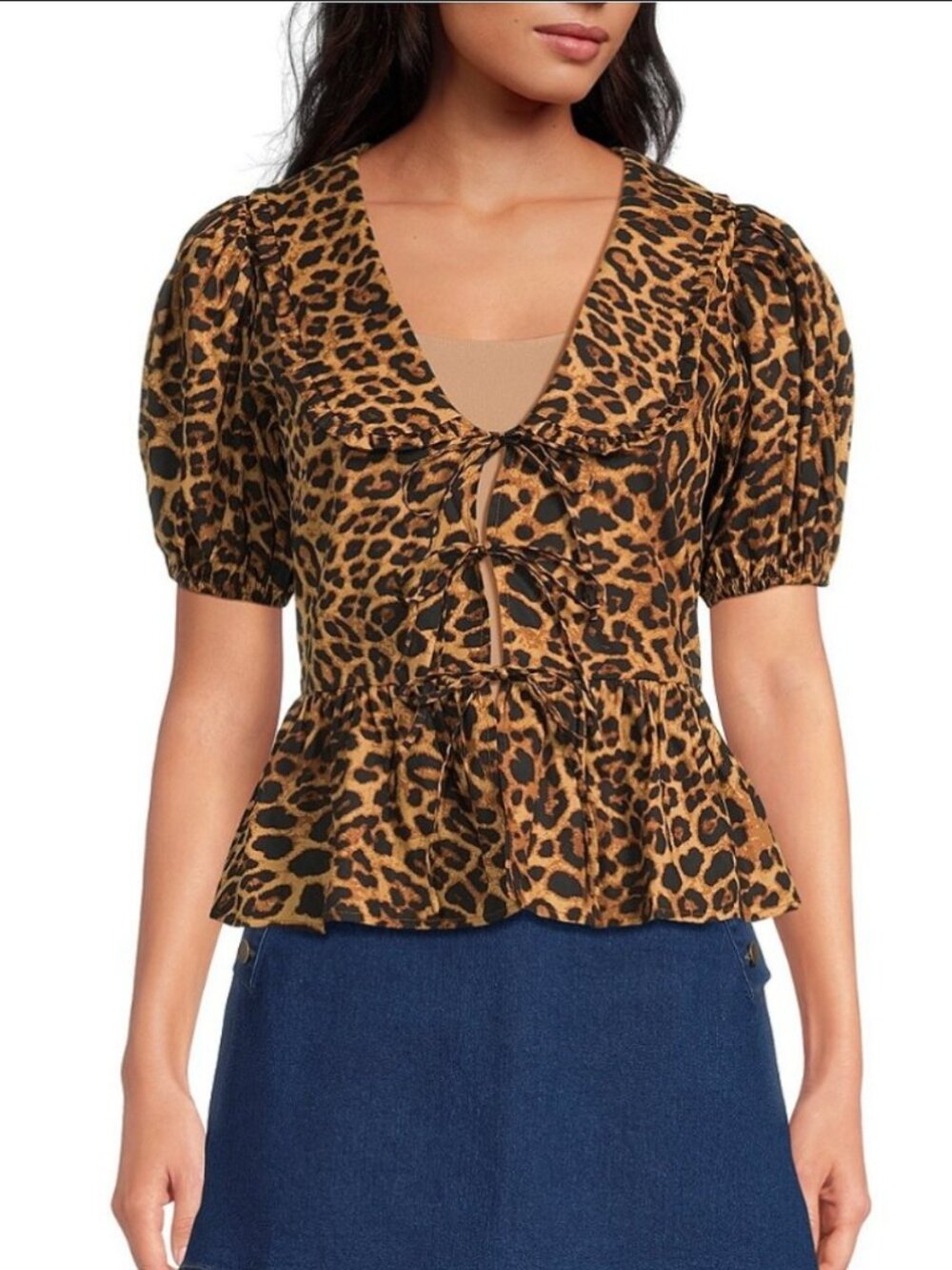 Sugarlips Leopard Print V-Neck Puff-Sleeve Tie-Front Peplum Top – Size XS (NWT)